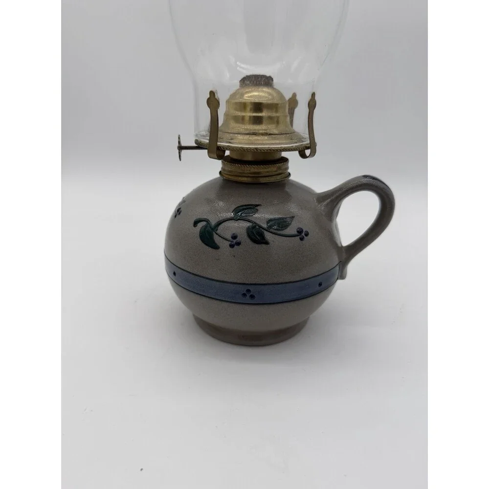 Rare Rowe Pottery Works Salt Glazed USA Oil Lamp Floral Pattern Painted 15”